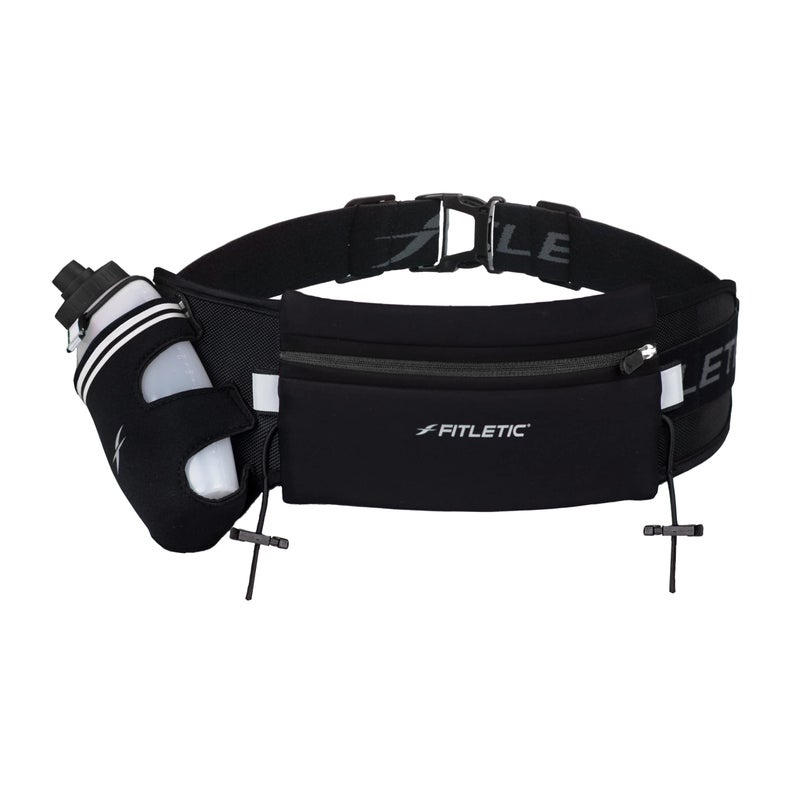 Fitletic Hydration Running Belt With 12oz Quick Flow Water Bottle For Men & Women â€“Race Belt, Gel Holders & Bib Toggles Patented Bounce Free Design, Water Resistant- Fits All Phones â€“ Fully Loaded - Image 1